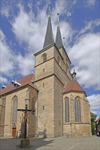 Gothic UNESCO Severi Church and crucifix, St Severi, landmark, Cathedral Square, Erfurt, Thuringia,