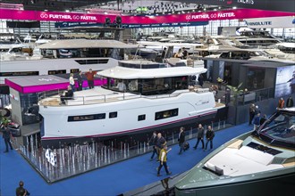 Large yachts, luxury yachts, in Hall 6 of BOOT 2024, the world's largest yacht and water sports