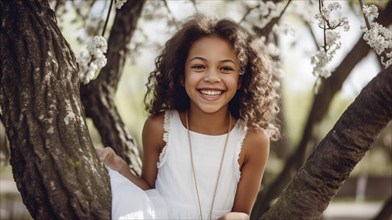 Portrait of a beautiful mulatto girl wearing a white dress for easter sunday, generative AI, AI