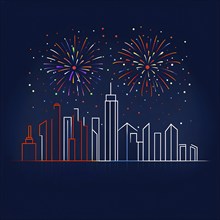 Minimalist, geometric skyline at night, with subtle fireworks in the sky, represented by colorful