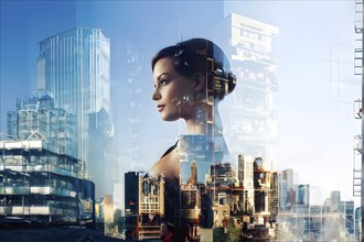 Digital representation of a multiple exposure photograph featuring a cyber human and an urban