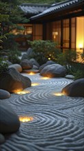 Zen garden bathed in the soft glow of dawn as a serene symbol for relaxation, AI generated