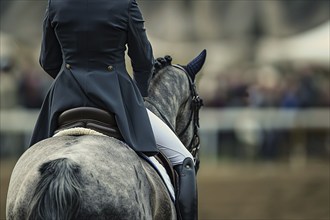 Back view of person in riding horse in dressage sports competition. Generative AI, AI generated