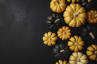 Top view of many small golden and black pumpkins with copy space. Generative Ai, AI generated