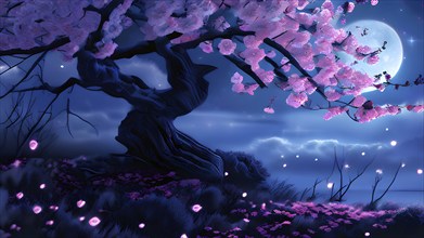 Sakura tree blossoming with pink petals and branches reaching towards a star studded night sky, AI