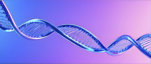 DNA double helix structure against gradient blue background, AI generated