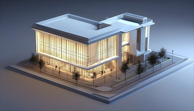 Three dimensional rendering of an illuminated modern high-rise office building, AI generated