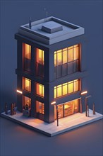 Three dimensional rendering of an illuminated modern high-rise office building, AI generated