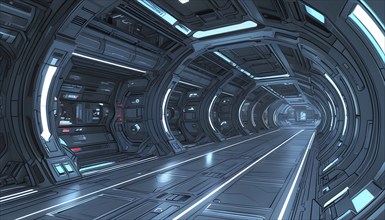 Three dimensional render of futuristic corridor inside a spaceship or space station, AI generated