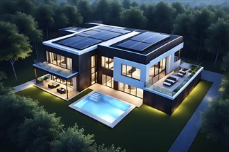 Three dimensional rendering of an illuminated modern ecological real estate residential house, AI