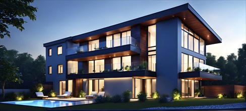 Three dimensional rendering of an illuminated modern ecological real estate residential house, AI