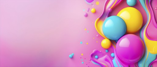 Abstract image with colorful yellow and turquoise blobs and liquid shapes on a pink background, AI