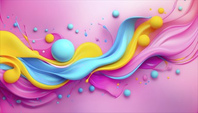 Abstract image with colorful yellow and turquoise blobs and liquid shapes on a pink background, AI