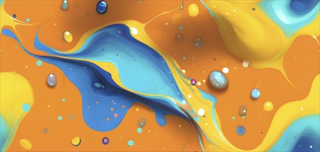 Abstract wallpaper with colorful turquoise and yellow blobs and liquid shapes on a orange