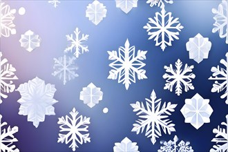 Abstract pattern of snowflakes in varying sizes and shapes in soft white and blue gradients, AI