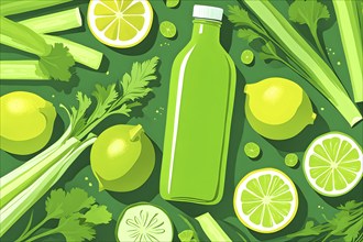 Abstract wallpaper composition with bottle of delicious green detox juice and fruits and