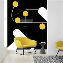 Abstract geometric shapes in yellow color accent to evoke feelings of fun and ease, AI generated