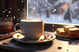 Coffee cup on a plate by a snow covered window creating a cozy winter feeling, AI generated