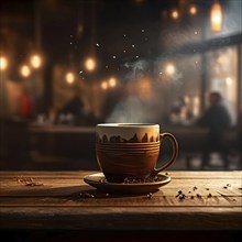 Coffee cup on a wooden table in a warmly lit cafe in blurred background, AI generated