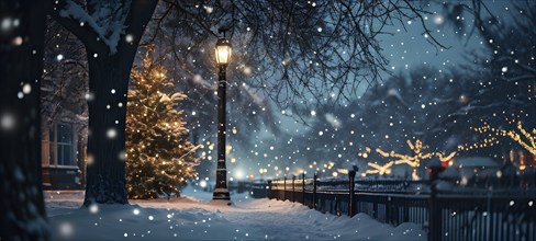 Christmas Eve with snowflakes fall under the light of a streetlamp with a decorated tree in the