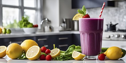 Smoothie surrounded by an assortment of fruits and vegetables, AI generated