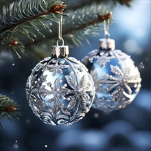 Set of Christmas ornaments hanging on a snow-covered pine tree branch, with frost clinging to the