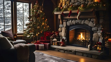 Traditional stone fireplace decorated for Christmas, with garlands, stockings, and candles, set in