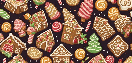 Abstract wallpaper illustration of of gingerbread house decoration, AI generated