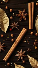 Abstract wallpaper illustration of Christmas spices like cinnamon sticks, star anise, and cloves,