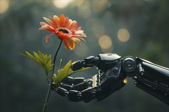 Artificial intelligence AI robot hand holding orange flower, Generative AI, AI generated