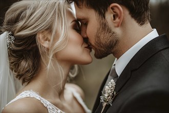 Young bride and groom couple in love kissing on wedding day. Generative Ai, AI generated