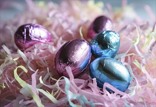 Small chocolate Easter eggs wrapped in shiny foil, placed on a bed of shredded pastel-colored