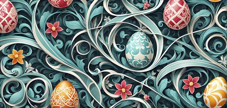 A whimsical abstract pattern with intertwined ribbons, eggs, and floral motifs, with a mix of sharp