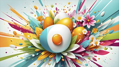 An energetic, abstract explosion of spring colors with egg and flower motifs subtly integrated,