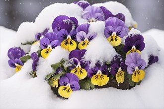 Purple and yellow seasonal Pansies spring flowers covered in snow. KI generiert, generiert AI