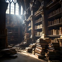 Forgotten library with dust coated books filling shelves, AI generated