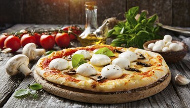 Food, a ready-made pizza with mushroom and mozzarella cheese, AI generated, AI generated