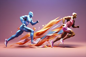 Marathon runners transforming into fluid abstract shapes, AI generated