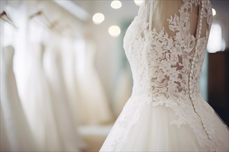 Close up of lace wedding dress in bridal shop. KI generiert, generiert, AI generated