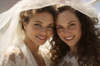 Two female brides in wedding dresses. Lesbian couples. KI generiert, generiert, AI generated