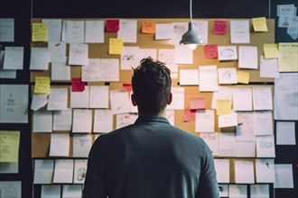 Back view of man standing in front of borad with many notes. KI generiert, generiert, AI generated