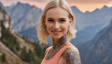 A smiling woman with eye-catching tattoos in front of a picturesque mountain landscape at sunset,