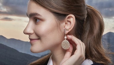 Woman with an aesthetic earring against the background of a gentle hilly landscape, AI generated,