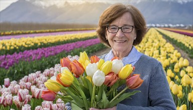 A cheerful elderly lady holds a bouquet of colourful tulips in a tulip field, HollanKI generated,