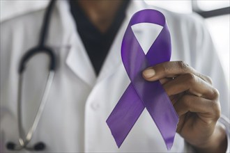 Doctor's hand holding large purple Alzheimer disease awareness ribbon. KI generiert, generiert, AI