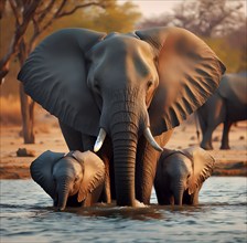 African elephant (Elephas maximus), young animal and elephant cow bathing in a river, AI generated,