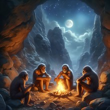 Prehistory, Prehistory, A group of prehistoric humans, Australopithecus, sitting around a campfire