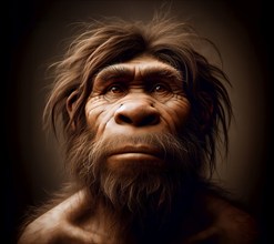 Prehistory, prehistoric, portrait of an extinct neandertal (Homo neanderthalensis), AI generated,