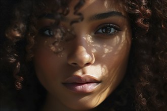 Portrait of beautiful young black african american woman with curly hair. KI generiert, generiert,