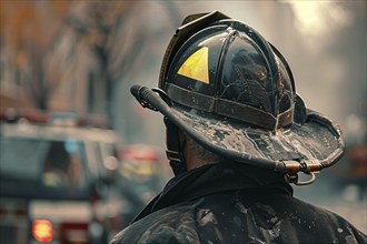 Back view of firefighter with helmet. KI generiert, generiert, AI generated